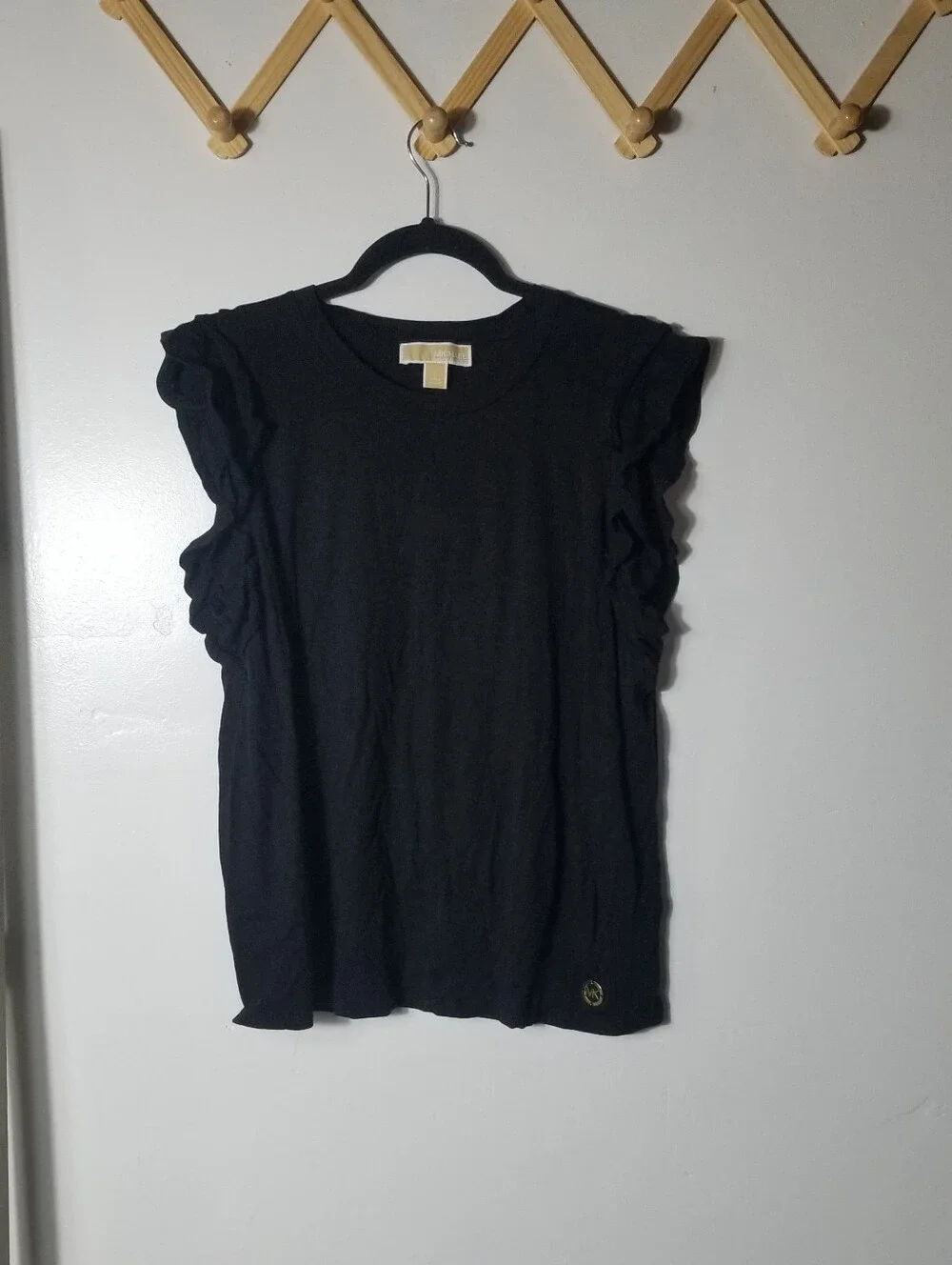 MICHAEL KORS WOMEN'S BLACK RUFFLED SLEEVE BLOUSE SIZE LARGE